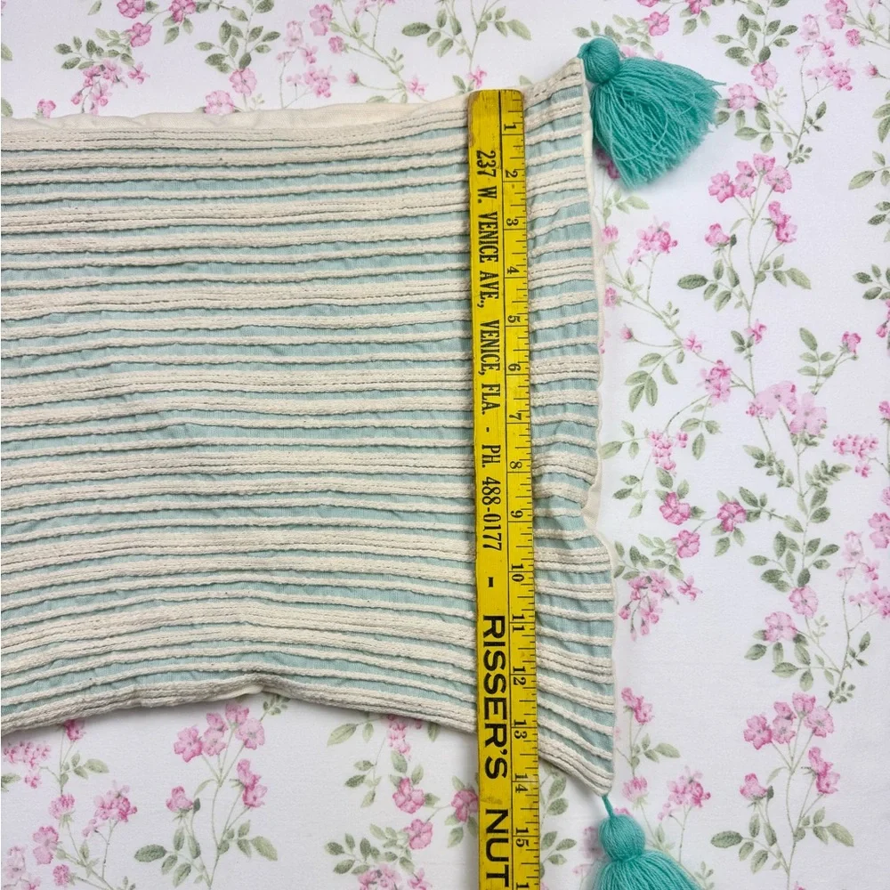 Pier 1 Mint & Ivory Woven Striped Decorative Throw Pillow Case with Tassels